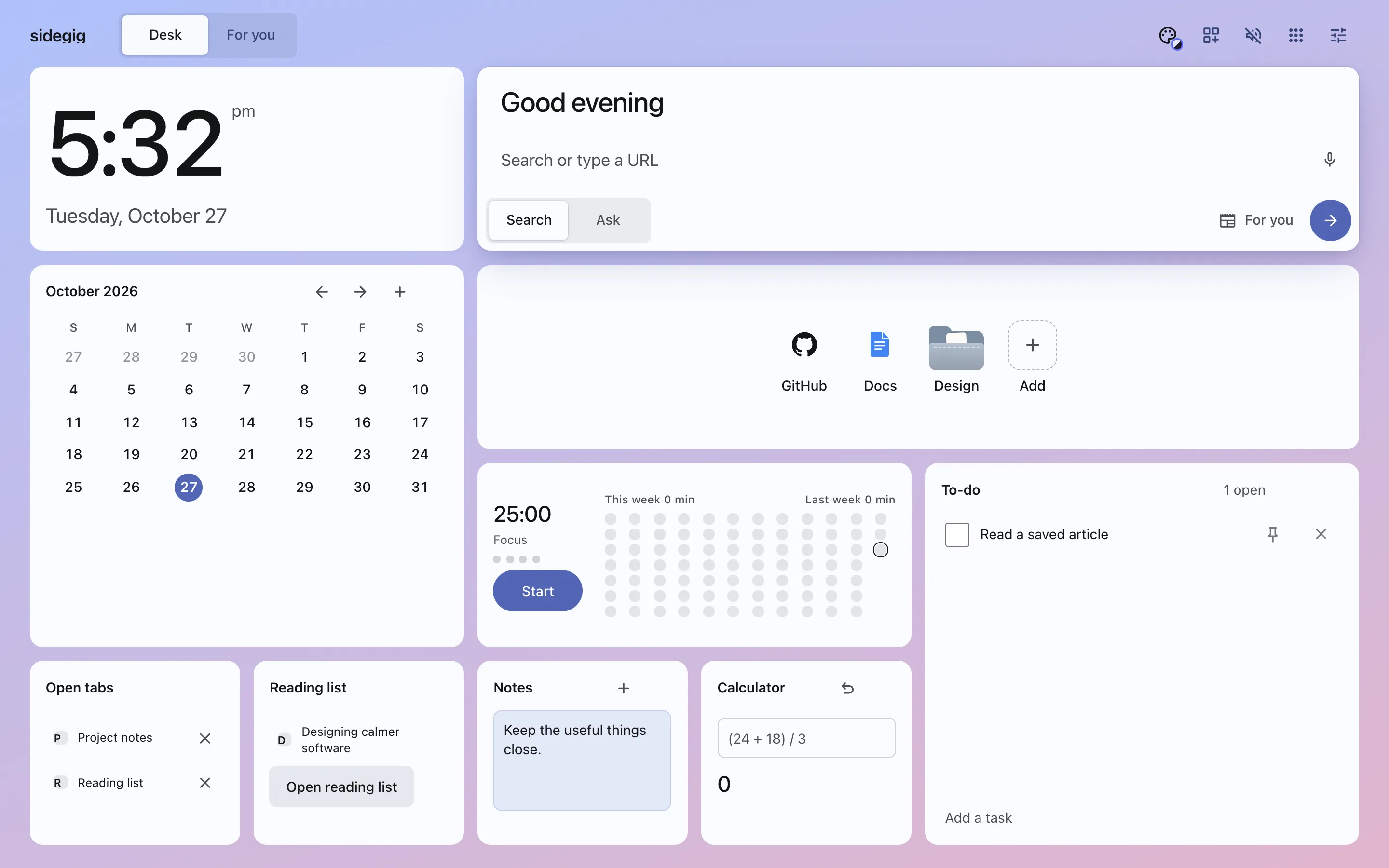 The sidegig new tab: a clock, a calendar, a search box with Search and Ask, shortcuts, a focus timer, a to-do list, open tabs, a reading list, notes and a calculator.