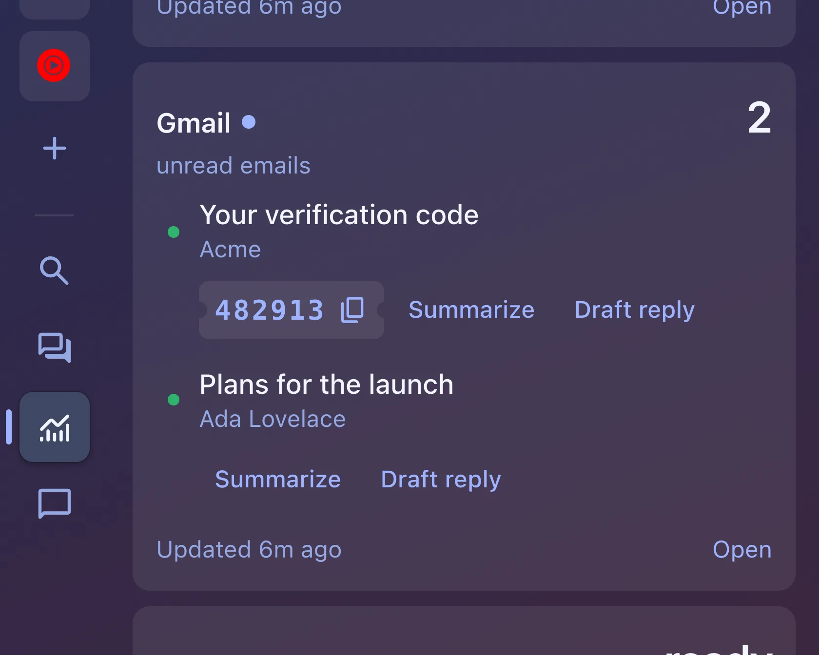 sidegig Gmail status card in the dark theme: Your verification code from Acme with the code 482913, and Summarize and Draft reply buttons.