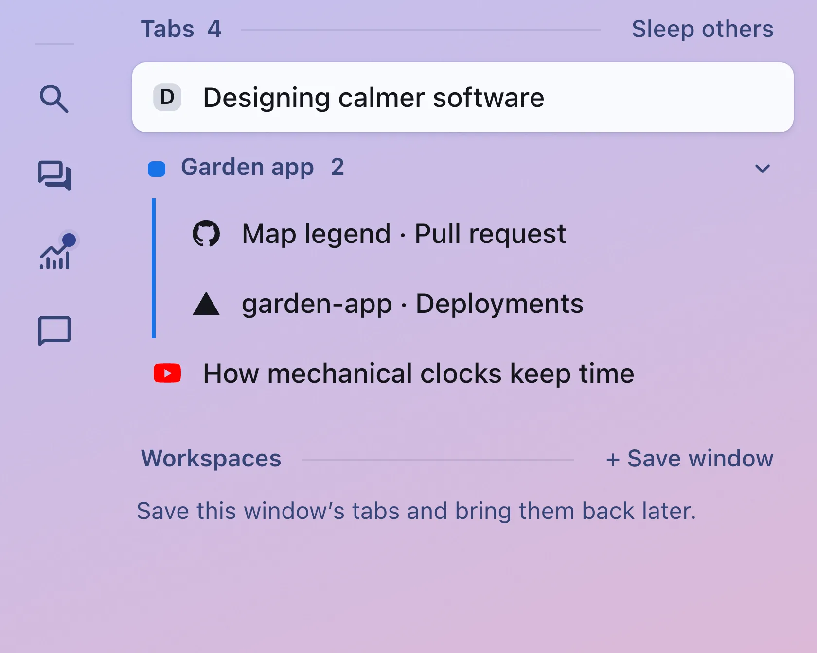 The sidegig drawer: this window's tabs, a Garden app tab group with two tabs, and a Workspaces row with Save window.