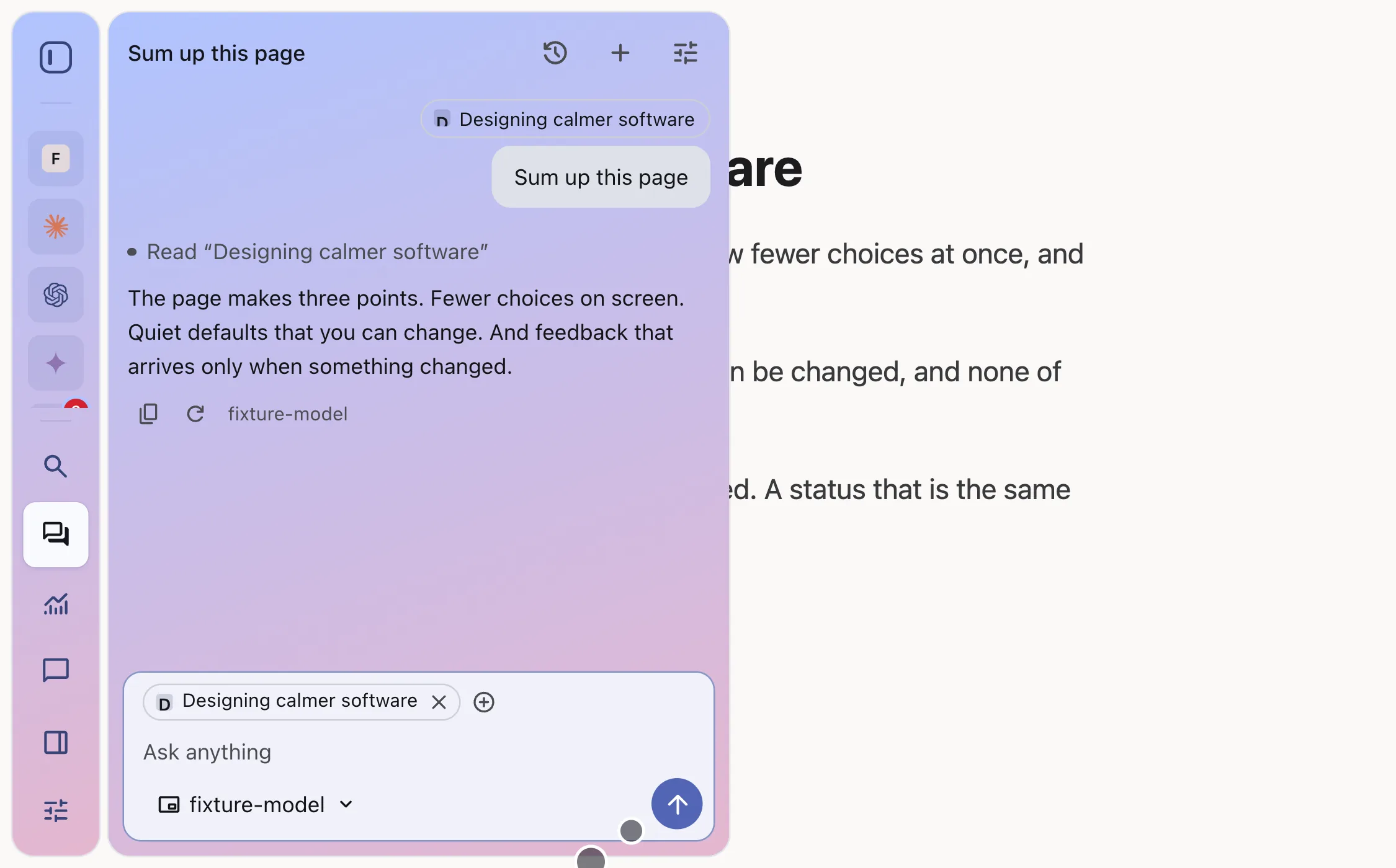 The sidegig sidebar beside an article. The Assistant was asked to sum up the page and answers: the page makes three points, fewer choices on screen, quiet defaults you can change, and feedback that arrives only when something changed.