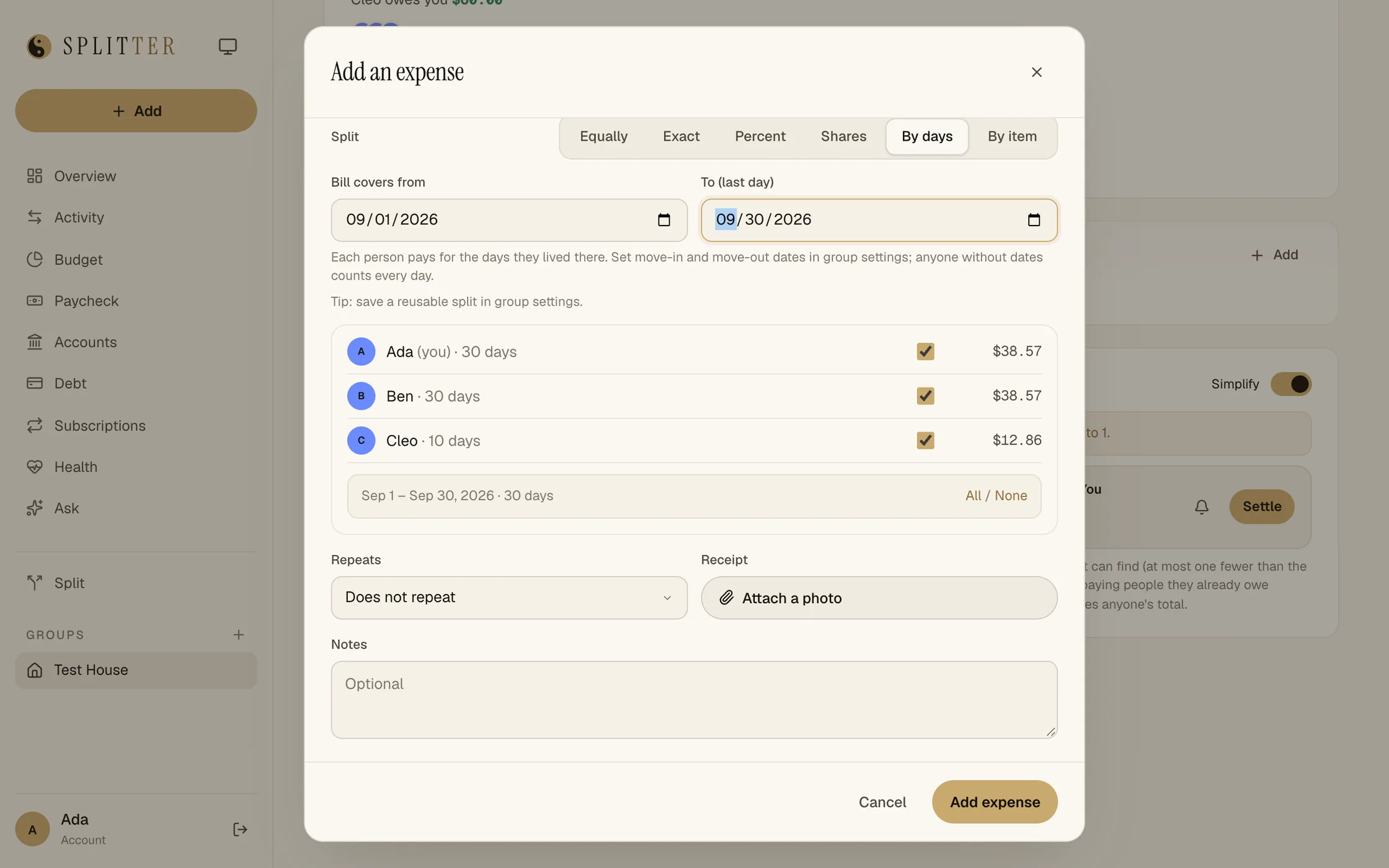 SPLITTER Add an expense dialog, split by days: Ada and Ben 30 days at $38.57 each, Cleo 10 days at $12.86.