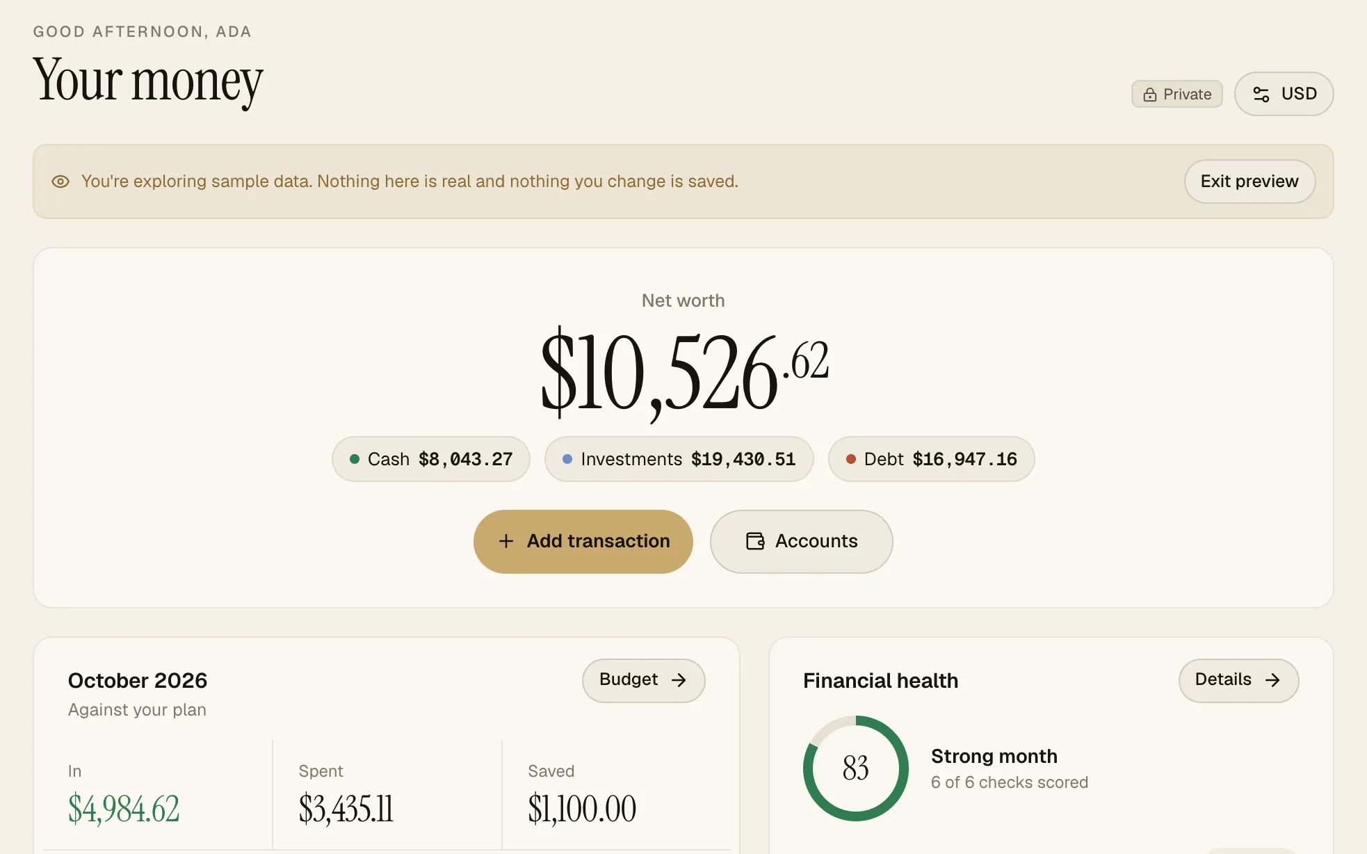 SPLITTER overview on sample data: net worth $10,526.62 with cash, investments and debt, then this month's plan and a financial health score of 83.